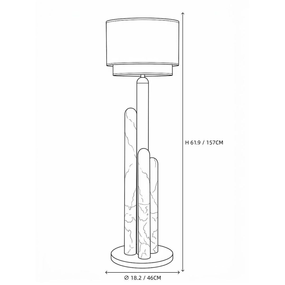 Modern Alabaster Columns and Drum Shade Floor Lamp Line Art Dimension Diagram   