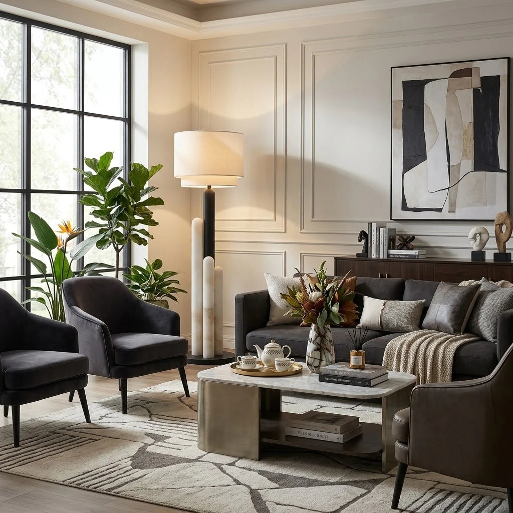 Modern Drum Shade Floor Lamp in Luxury Living Room Decor