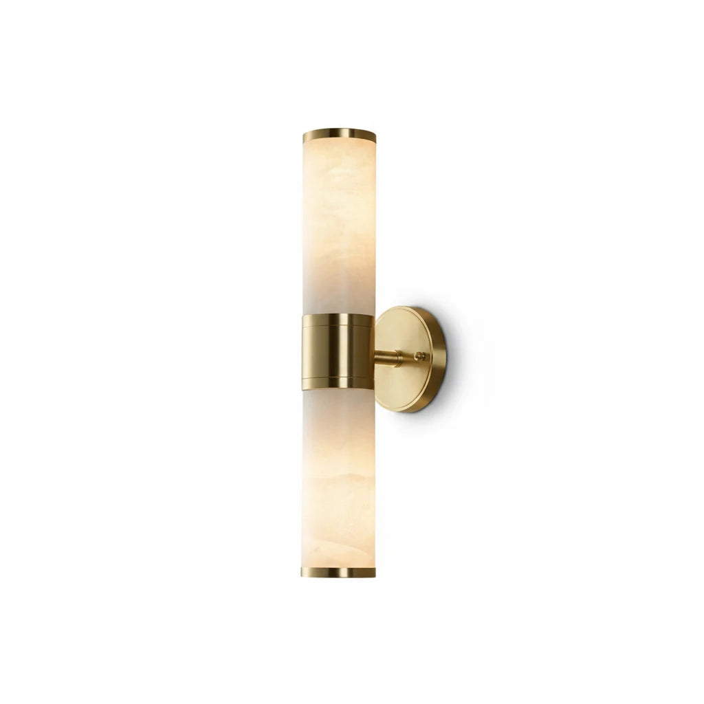 Modern Brass and Alabaster Double-Light Wall Sconce on Pure White Background