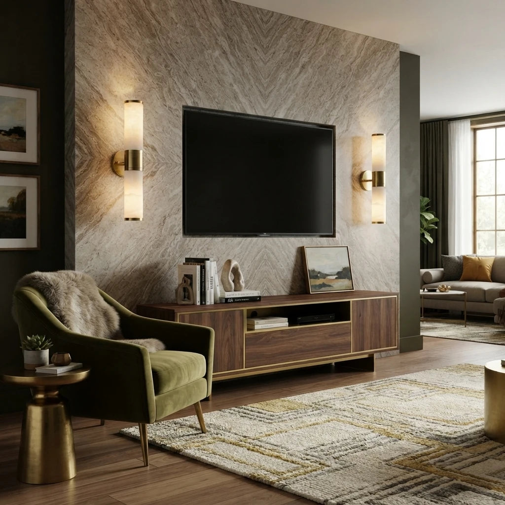 Modern Alabaster Wall Sconces in Living Room Media Area