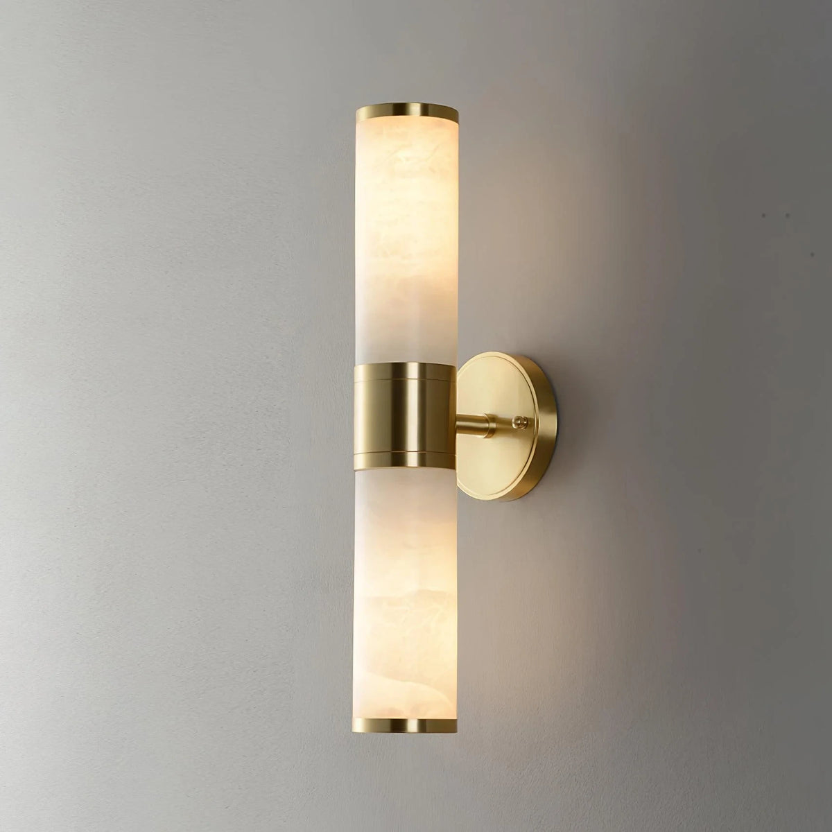 Illuminated Modern Brass and Alabaster Double-Light Wall Sconce Studio Display