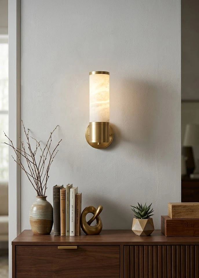 Modern Alabaster Wall Sconce Over Entryway Console Table