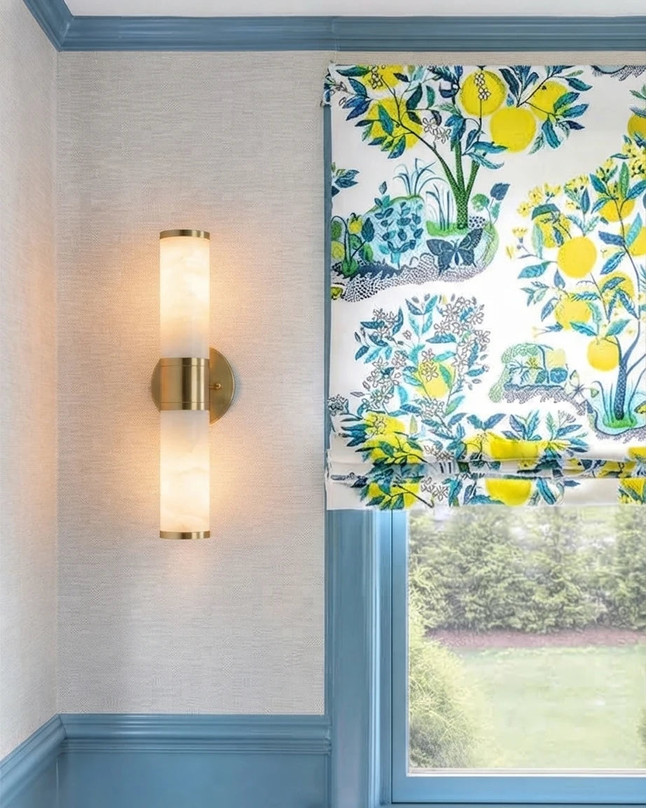 Modern Brass and Alabaster Wall Sconce in Bright Hallway