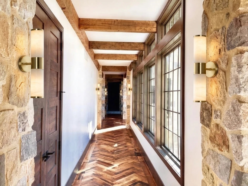 Modern Alabaster Wall Sconces in Rustic Hallway