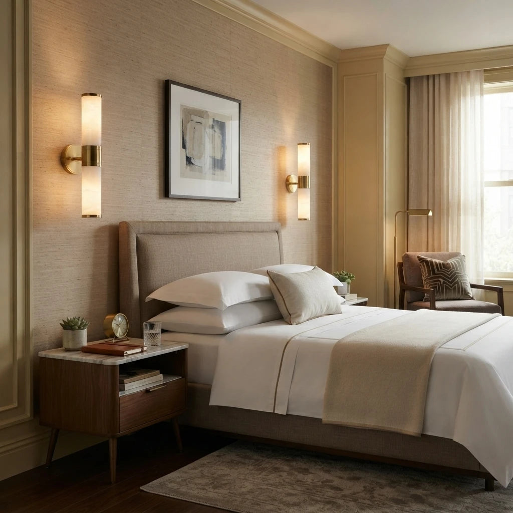 Modern Brass Wall Sconces in Luxury Bedroom Interior
