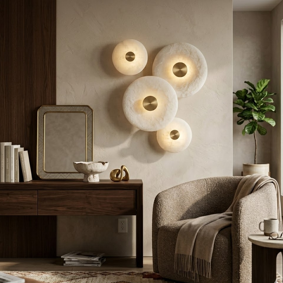 Four Alabaster Platter Sconces cluster mounted on living room interior wall