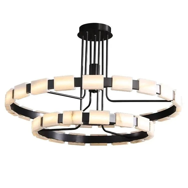 Modern Double-Tier Black Metal Ring and Square Alabaster Chandelier with Warm Light on Pure White Background