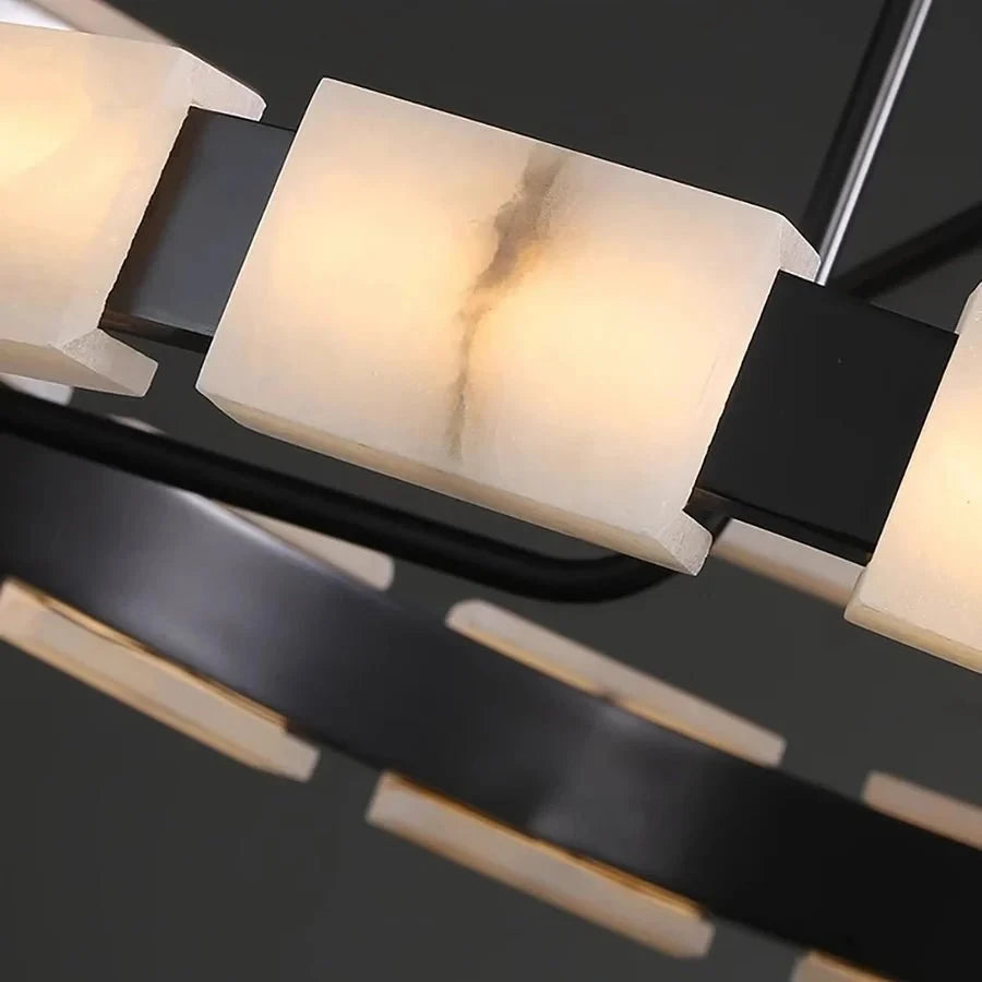 Close Up View of Black Metal Ring Structure and Square Alabaster Shades Texture Details