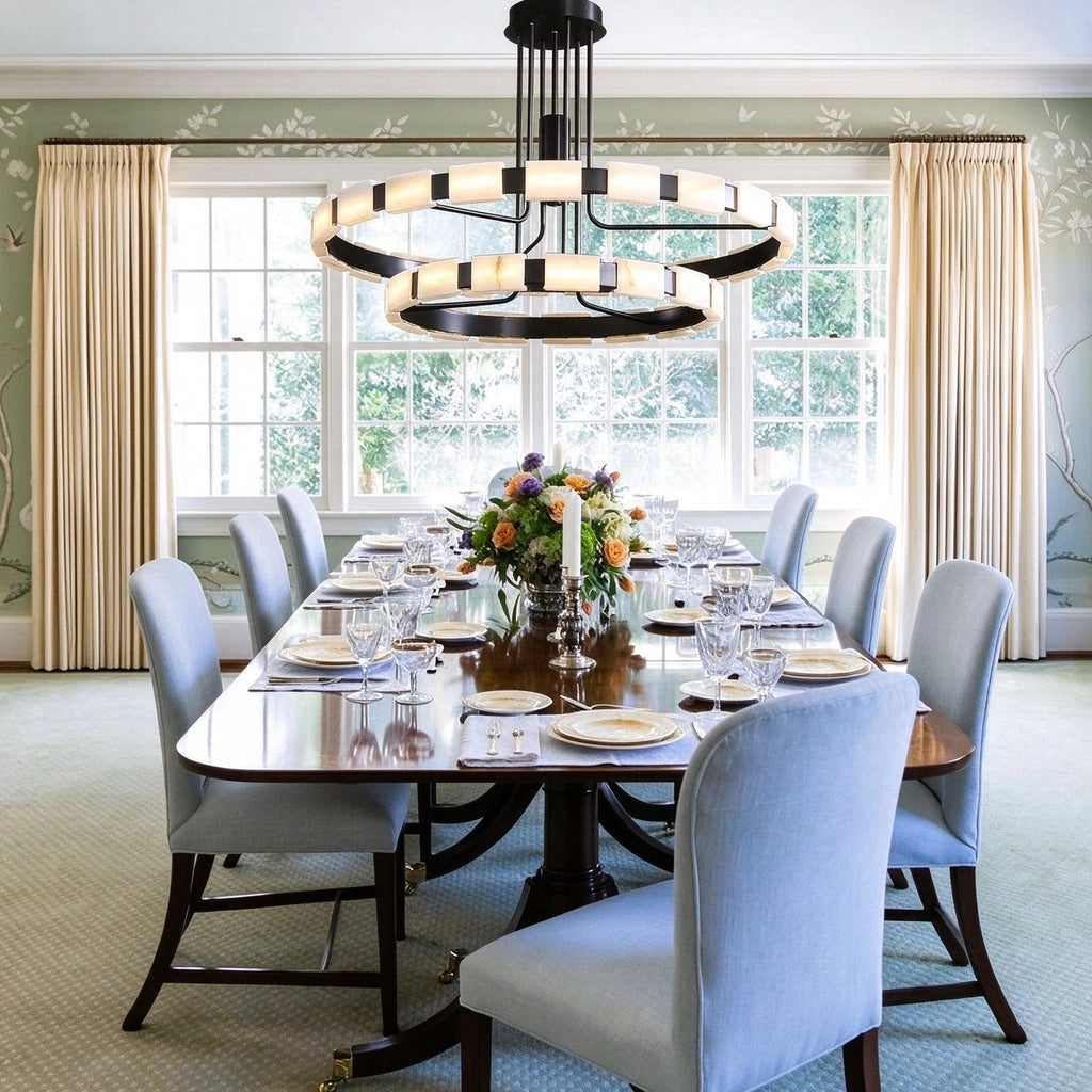 Modern Alabaster Chandelier in Elegant Dining Room Interior