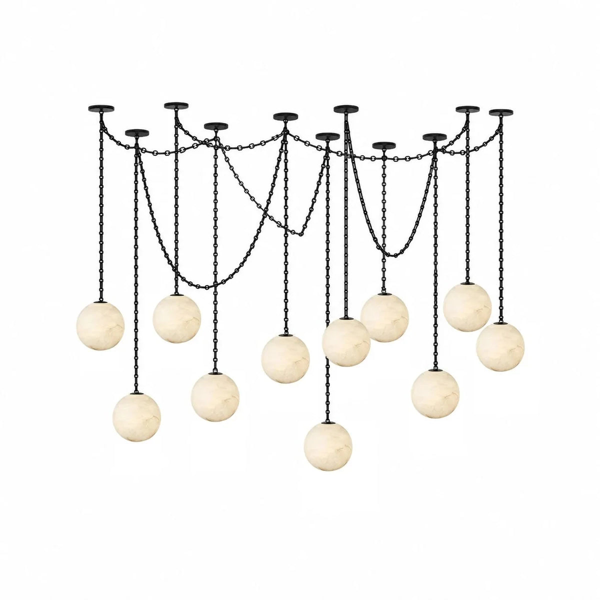 Modern Black Frame Alabaster Globe Art Chandelier with Black Hardware on Pure White Background