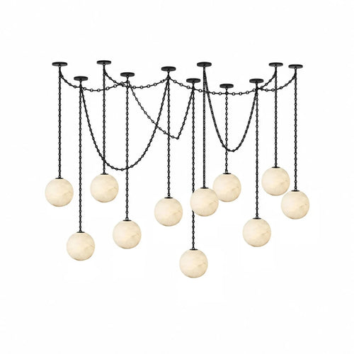 Modern Black Frame Alabaster Globe Art Chandelier with Black Hardware on Pure White Background