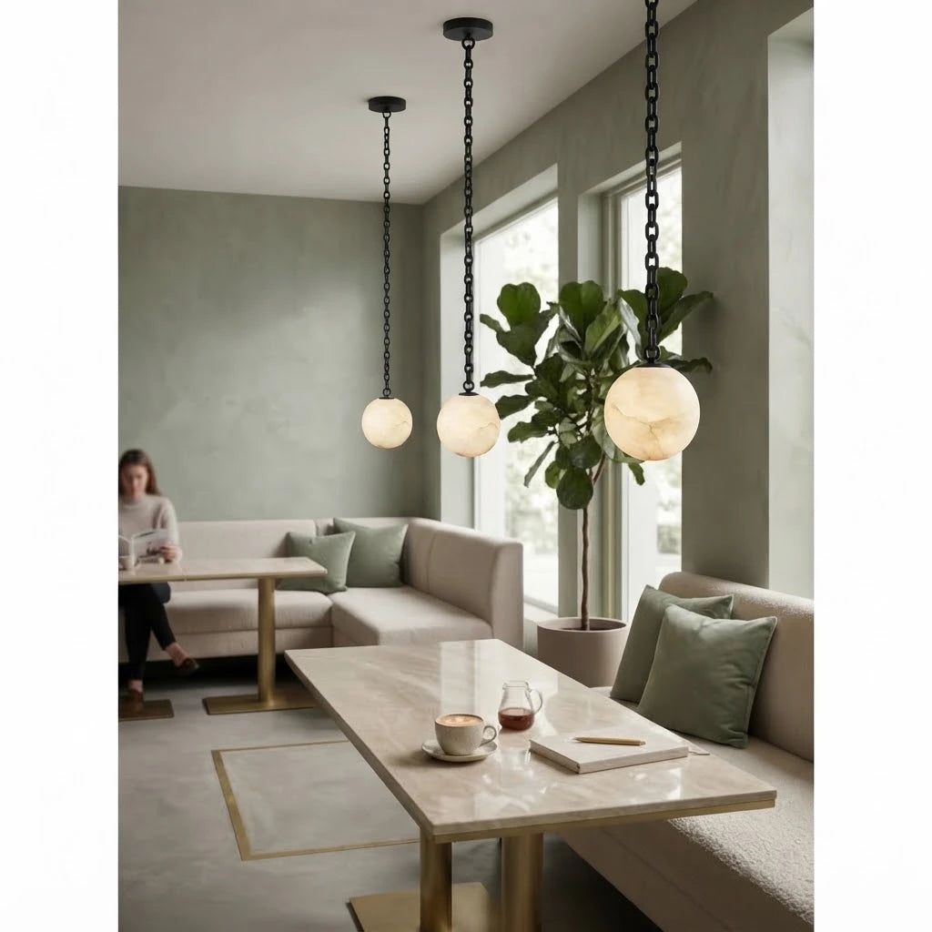 Modern Alabaster Globe Chandelier Over Dining Table