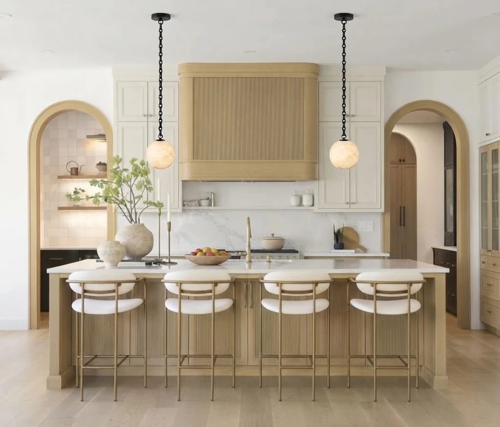 Modern Black Frame Alabaster Globe Chandelier Over Kitchen Island