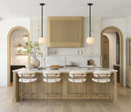 Modern Black Frame Alabaster Globe Chandelier Over Kitchen Island