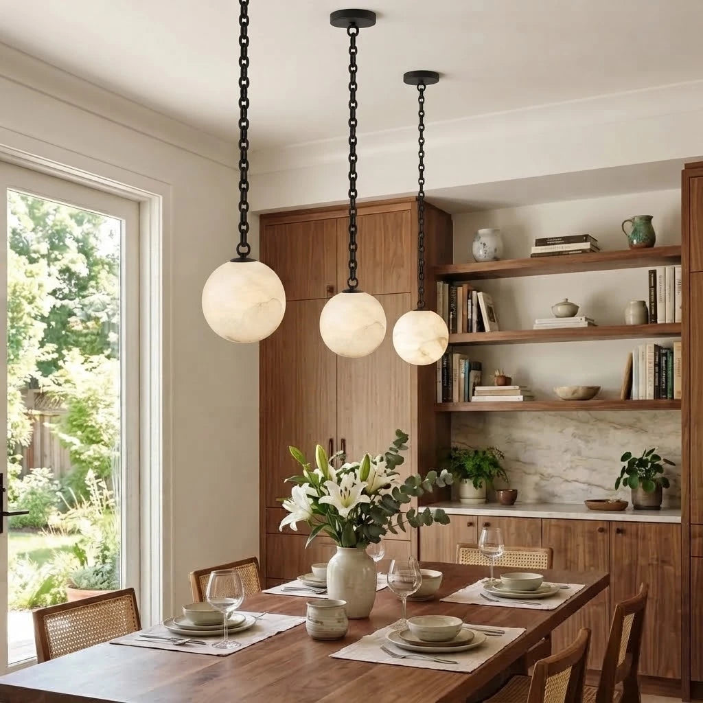 Modern Black Frame Alabaster Chandelier in Dining Area Interior
