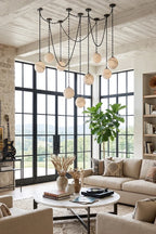 Modern Black Frame Alabaster Globe Chandelier in Luxury Kitchen