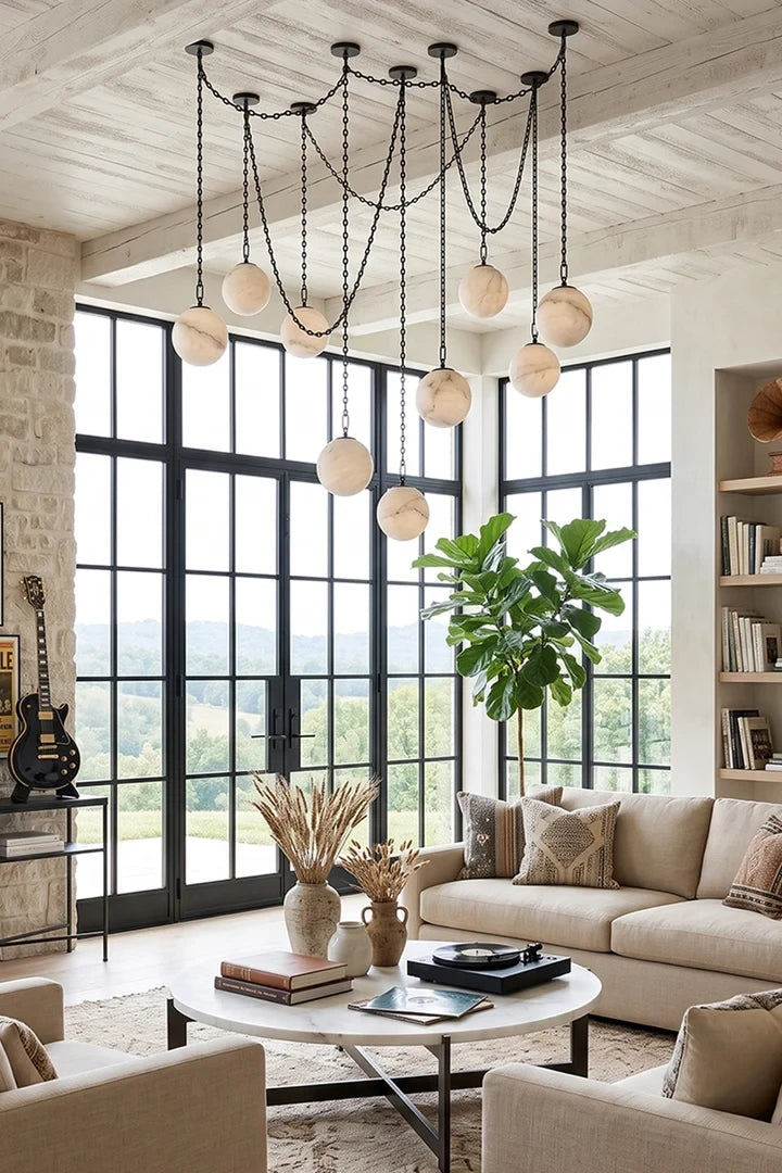 Modern Black Frame Alabaster Globe Chandelier in Luxury Kitchen