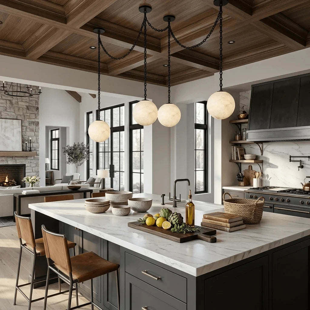 Modern Alabaster Globe Art Chandelier in High Ceiling Living Space