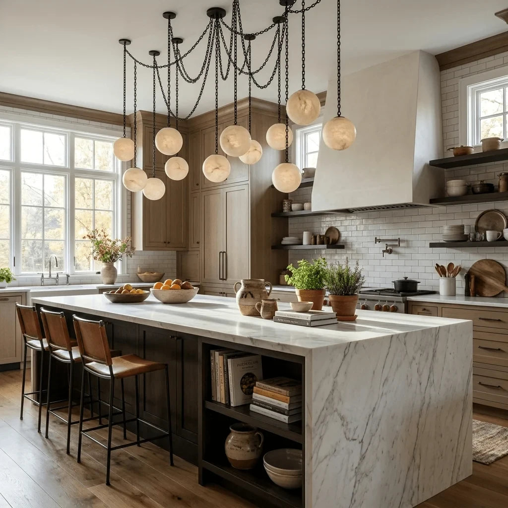 Modern Black Frame Alabaster Chandelier Over Marble Dining Table