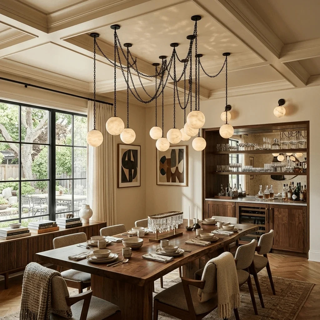 Modern Alabaster Globe Art Chandelier in Open Dining Area