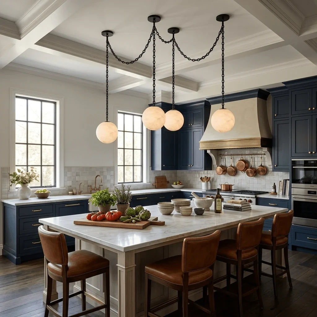 Modern Black Frame Alabaster Globe Chandelier Over Kitchen Breakfast Bar