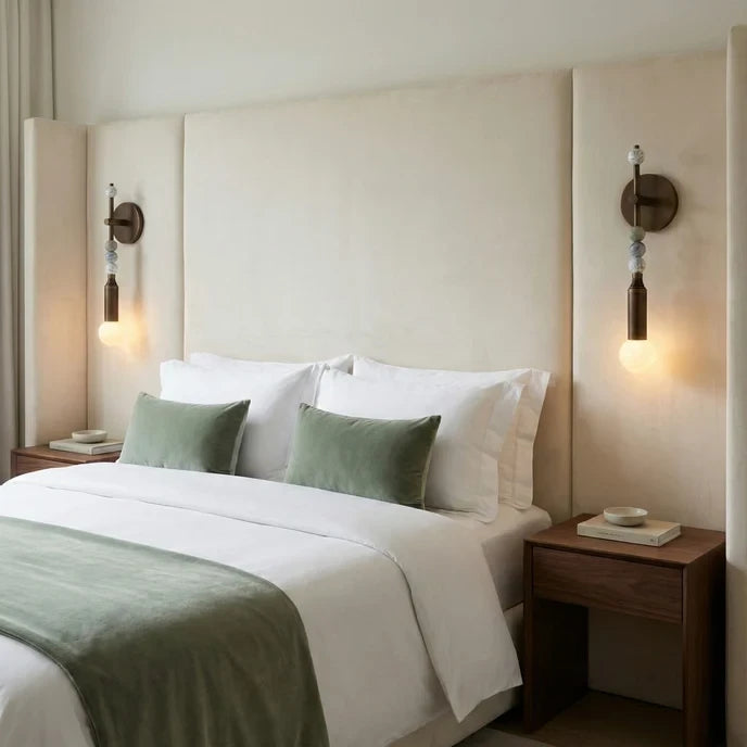 Modern Beaded Marble Wall Sconce in Cozy Master Bedroom Setting   