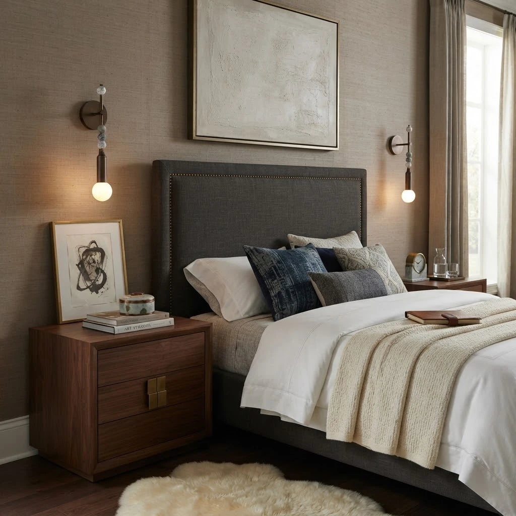 Modern Metal Rod Wall Sconce in Elegant Master Bedroom Suite   