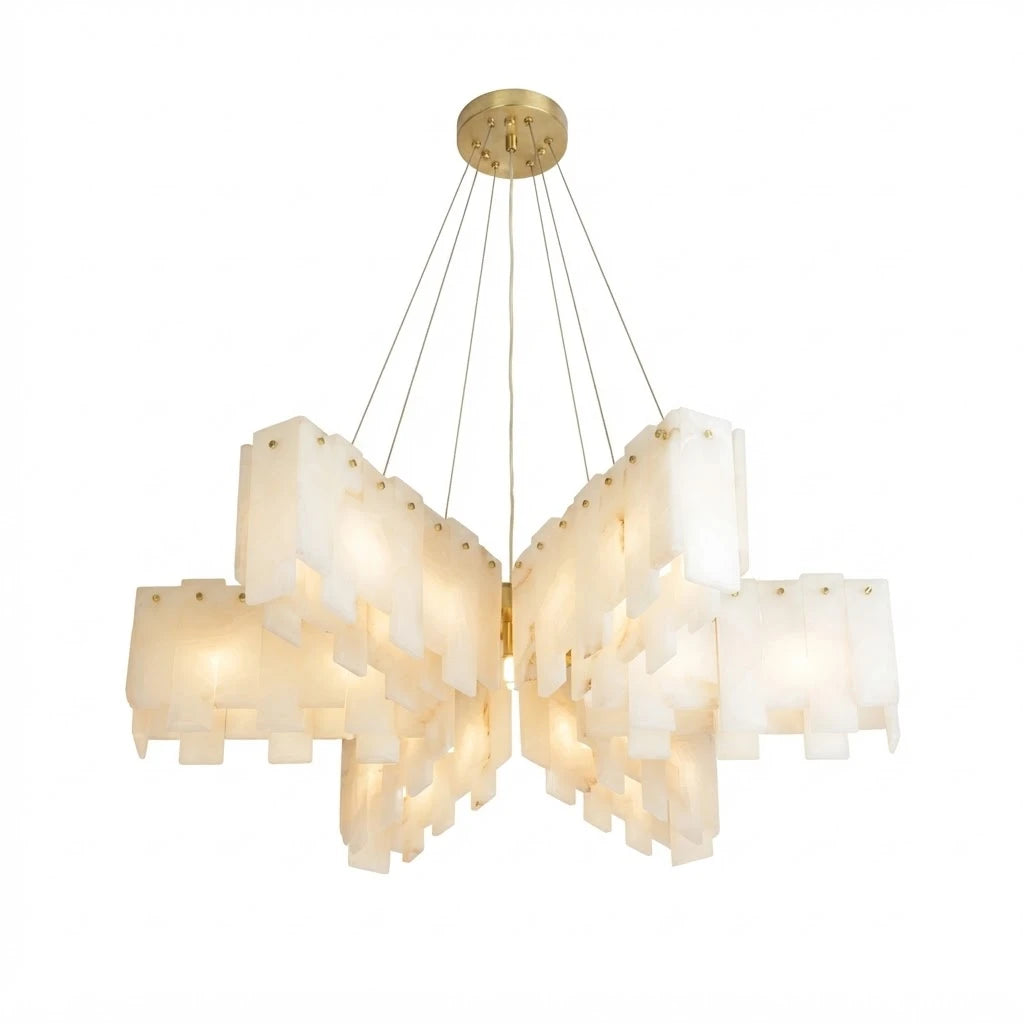Modern Multi-Tier Folded Alabaster Chandelier with Warm Light and Brass Suspension on Pure White Background