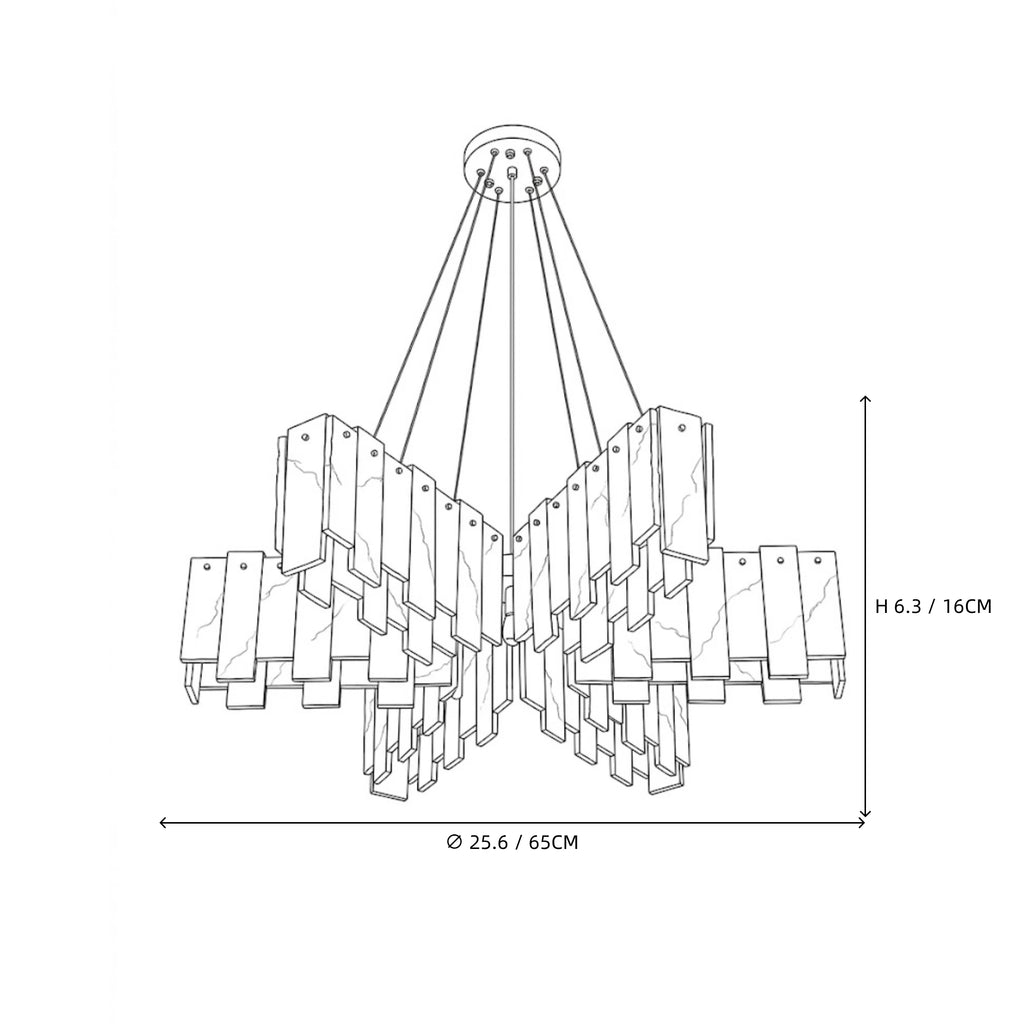 Modern Multi-Tier Folded Alabaster Chandelier Line Art Dimension Diagram Version Two