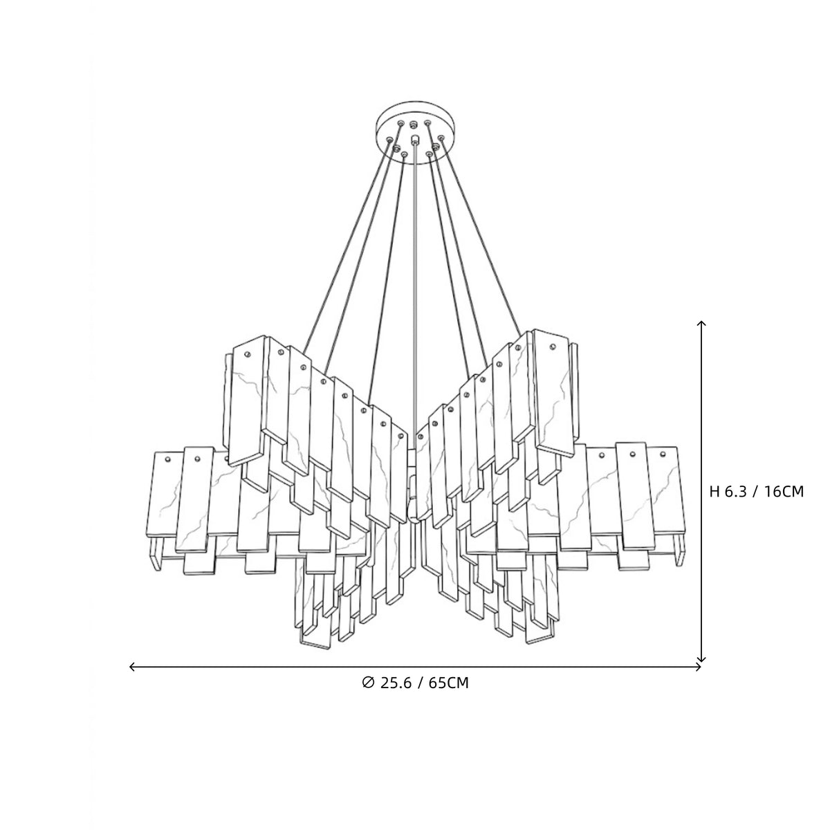 Modern Multi-Tier Folded Alabaster Chandelier Line Art Dimension Diagram Version Two