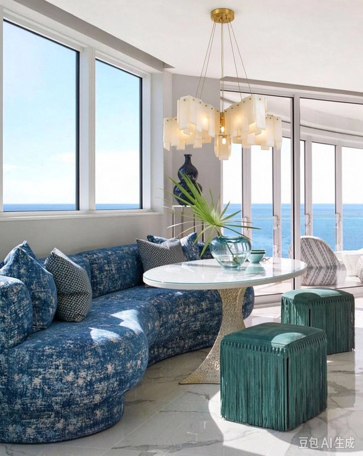 Modern Alabaster Chandelier in Coastal Living Room Decor