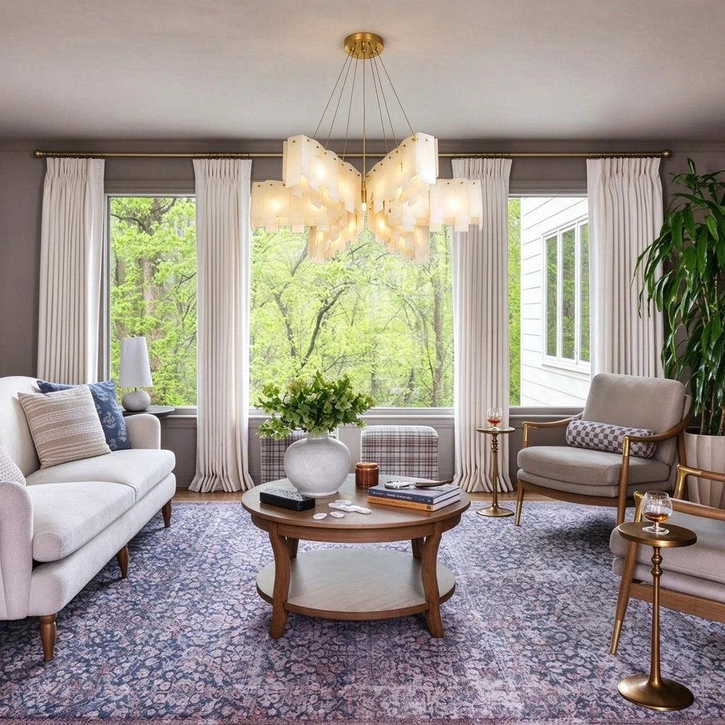 Modern Alabaster Chandelier in Elegant Living Room Setting