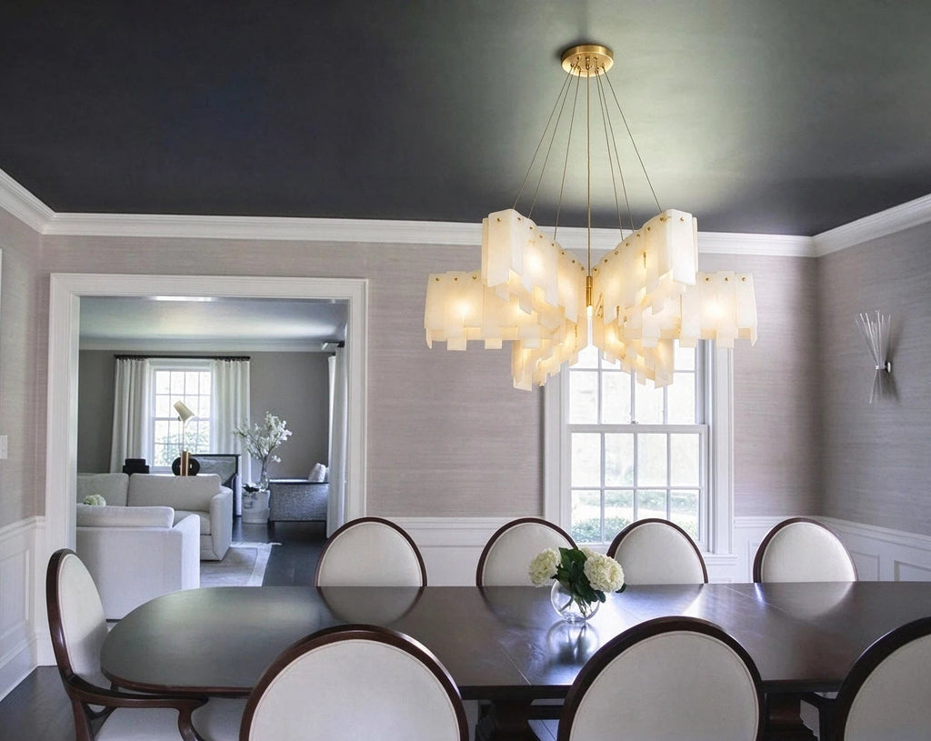 Modern Alabaster Chandelier in Formal Dining Room Interior