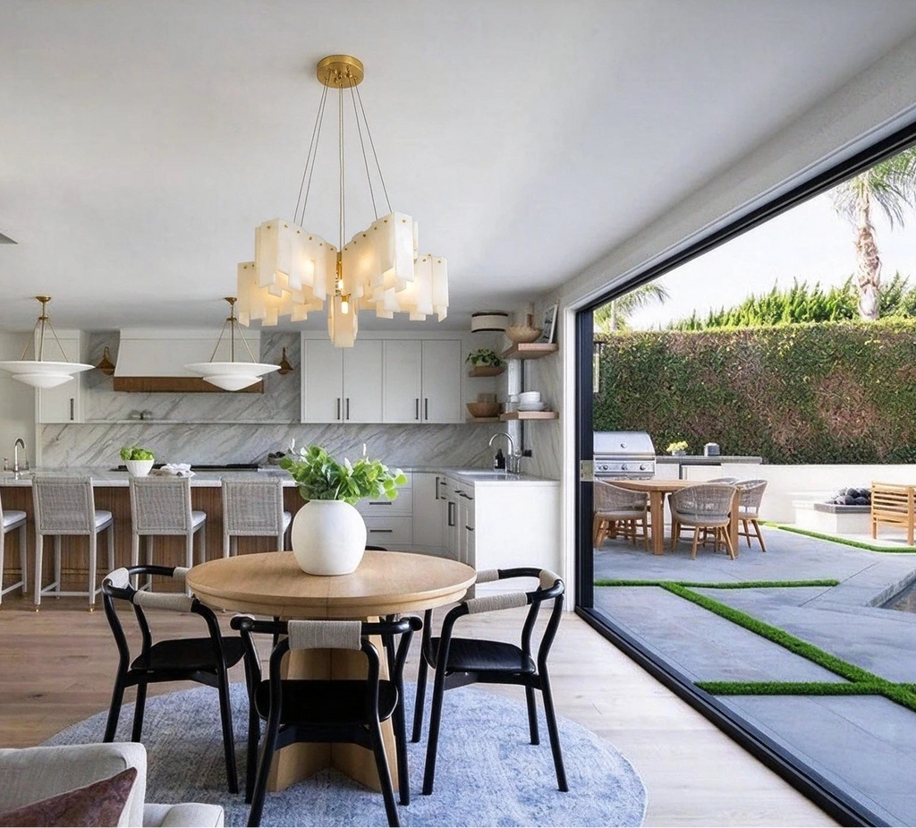Modern Multi-Tier Alabaster Chandelier in Open Concept Kitchen Dining