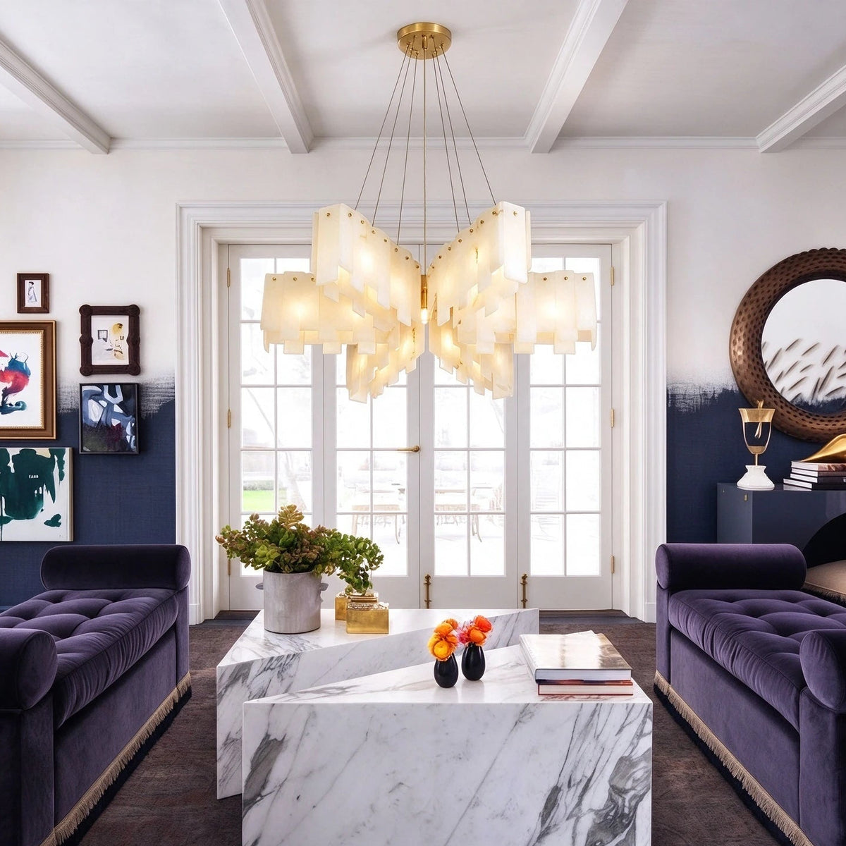 Modern Alabaster Chandelier in Contemporary Living Area