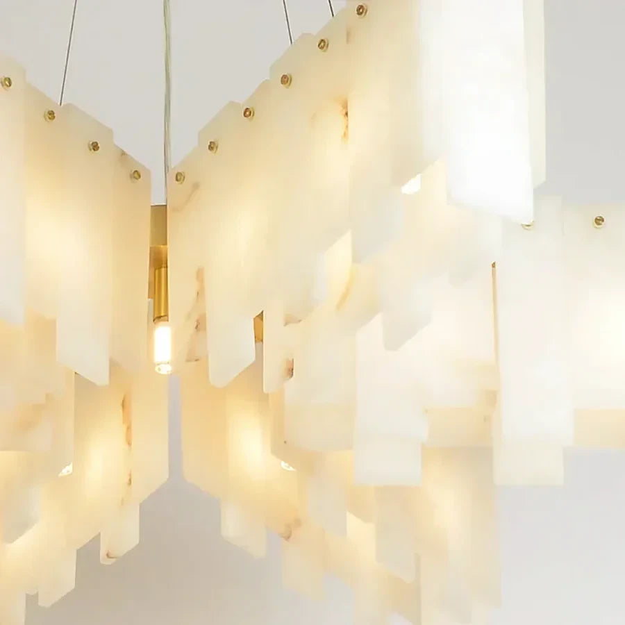 Close Up View of Folded Alabaster Panels Natural Vein Texture and Warm Glow Details