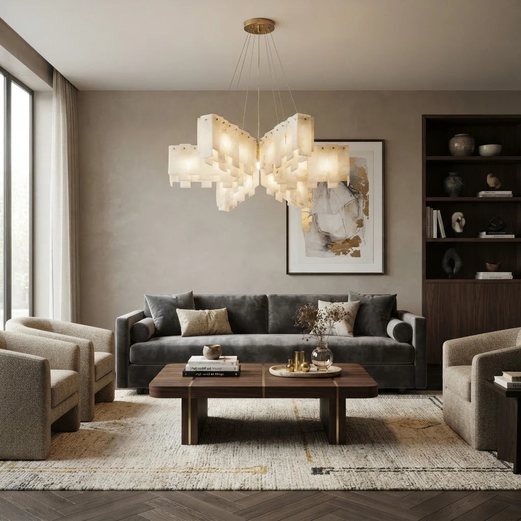 Modern Alabaster Chandelier in Contemporary Living Room