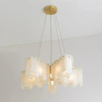 Illuminated Modern Multi-Tier Folded Alabaster Chandelier Studio Shot on White Background