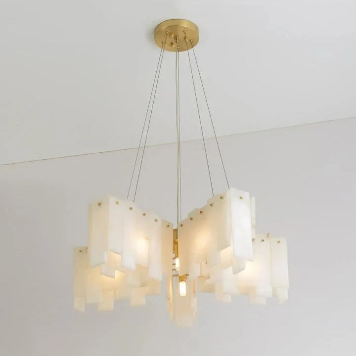 Illuminated Modern Multi-Tier Folded Alabaster Chandelier Studio Shot on White Background
