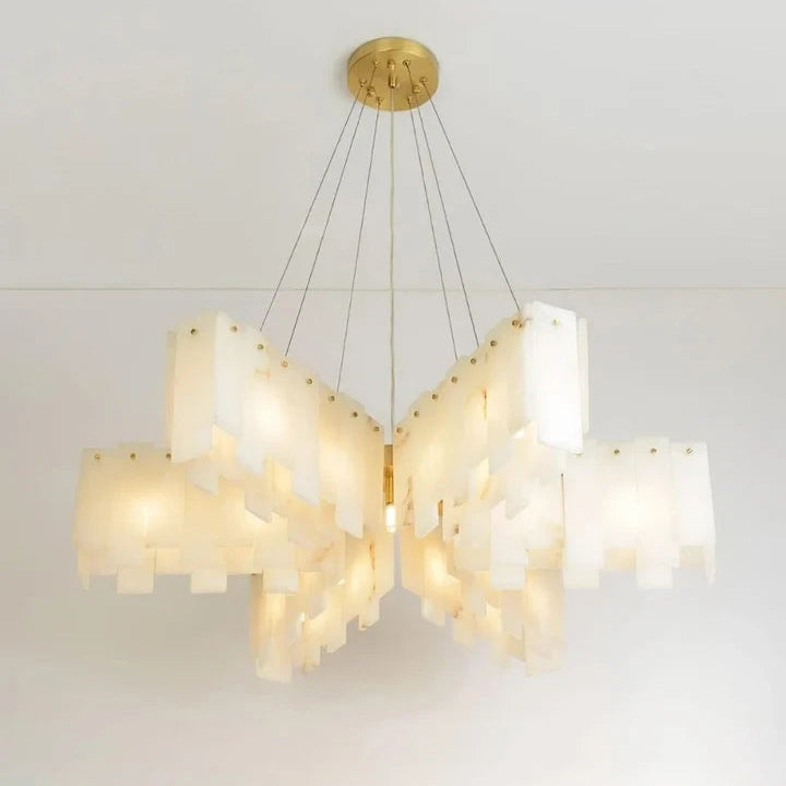 Illuminated Modern Alabaster Chandelier Studio Display on White Background