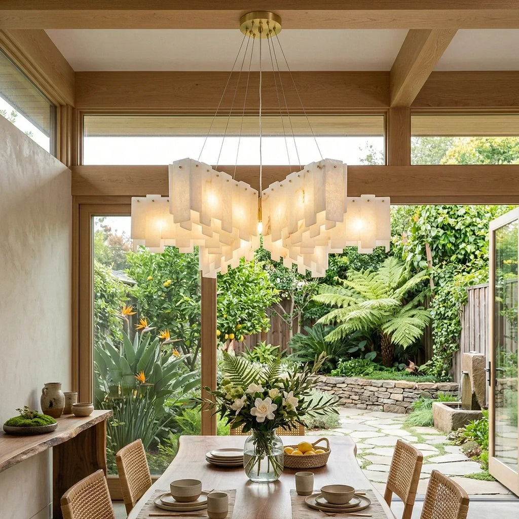 Modern Multi-Tier Alabaster Chandelier in Bright Dining Space