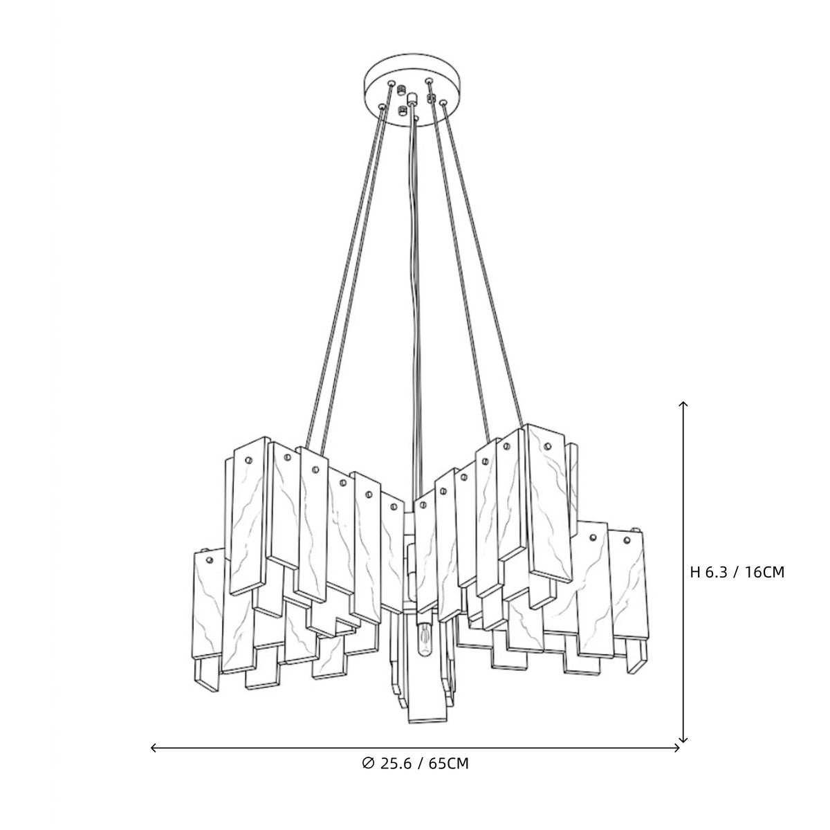 Modern Multi-Tier Folded Alabaster Chandelier Line Art Dimension Diagram Version One