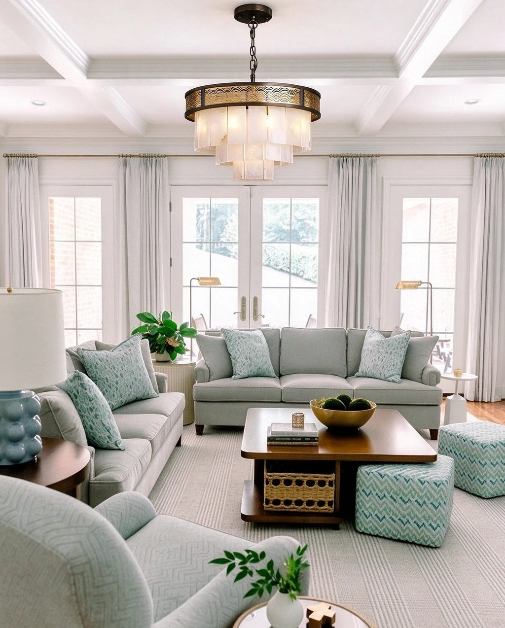 Modern Pierced Metal Band Chandelier in Luxury Living Room Setting
