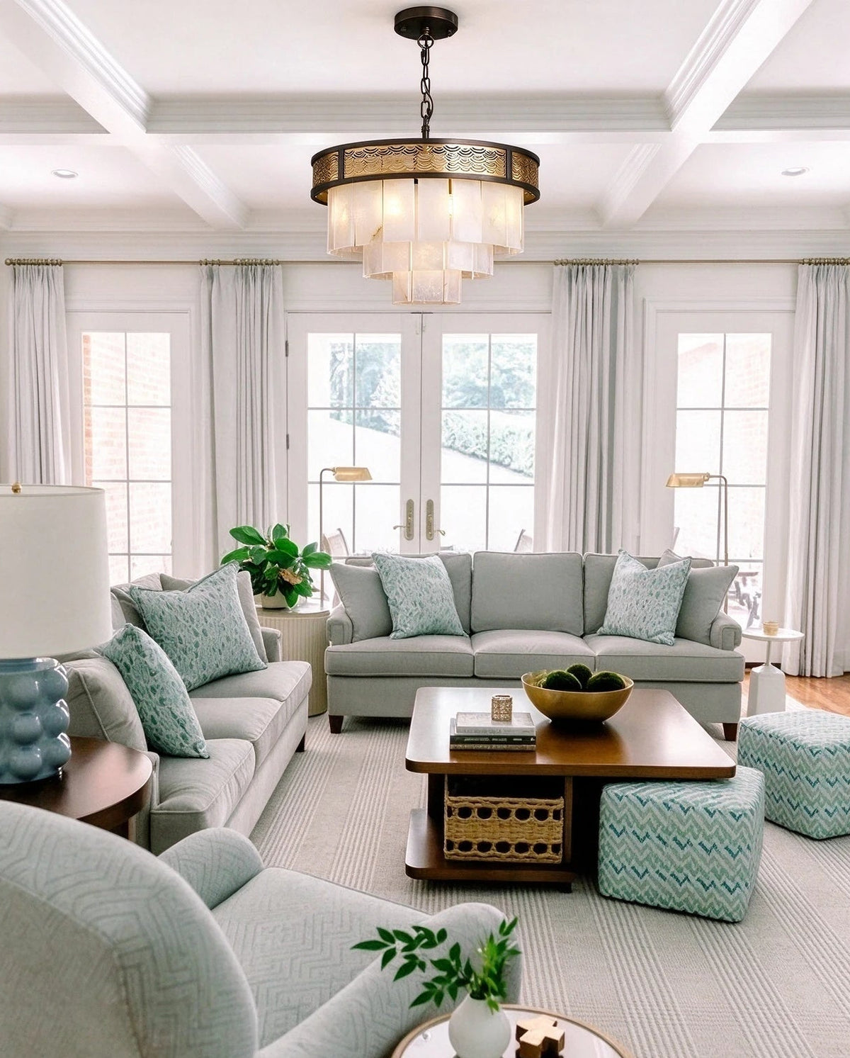 Modern Pierced Metal Band Chandelier in Luxury Living Room Setting