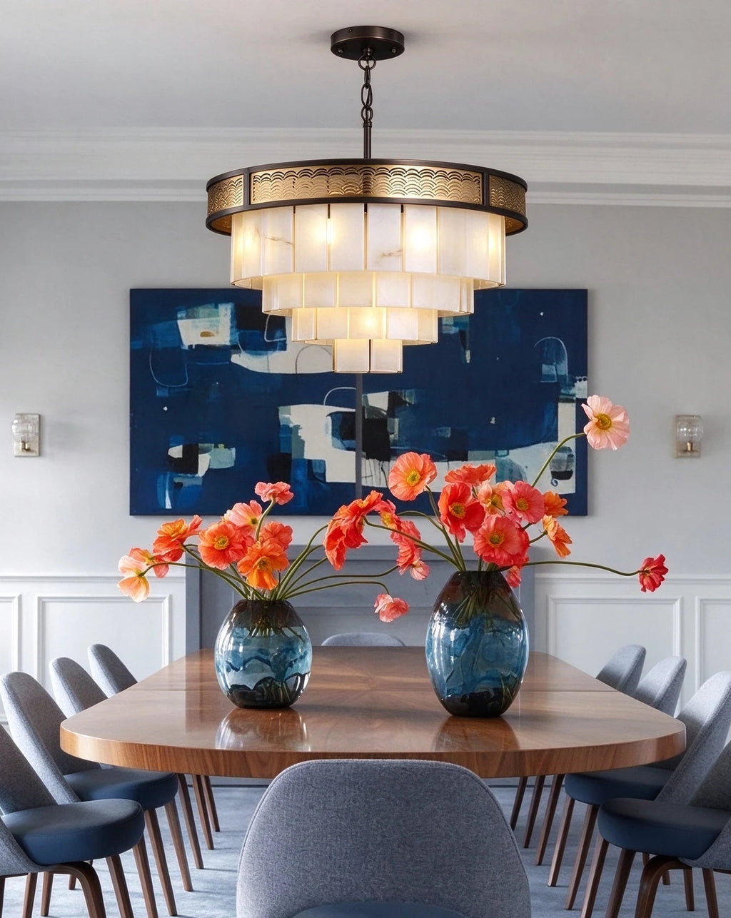 Modern Tiered Alabaster Chandelier in Formal Dining Space