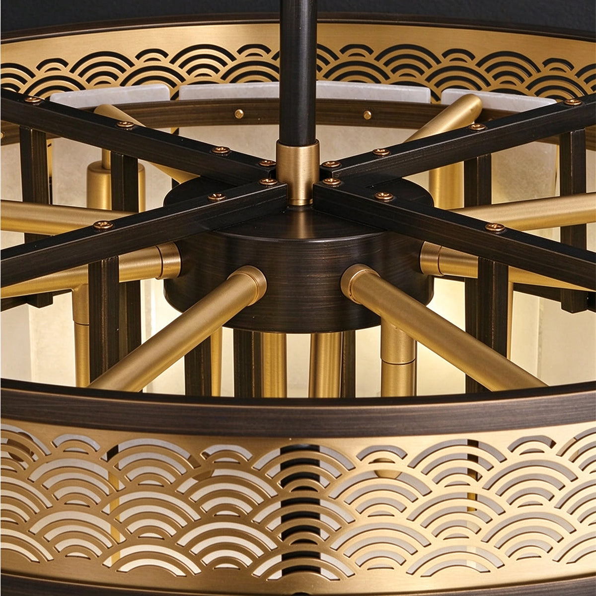 Close Up View of Pierced Metal Band Top Ring and Internal Frame Structure Details