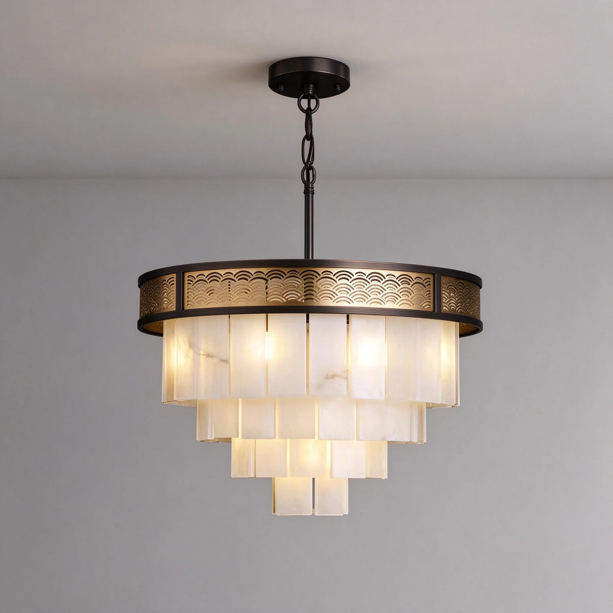 Illuminated Modern Tiered Alabaster Chandelier Bottom View Display