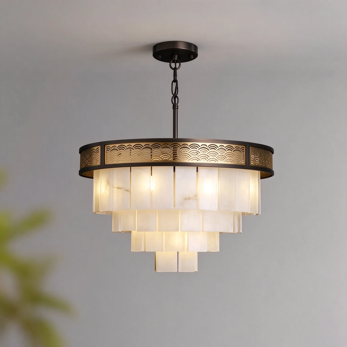 Illuminated Modern Pierced Metal Band Chandelier Full View Display