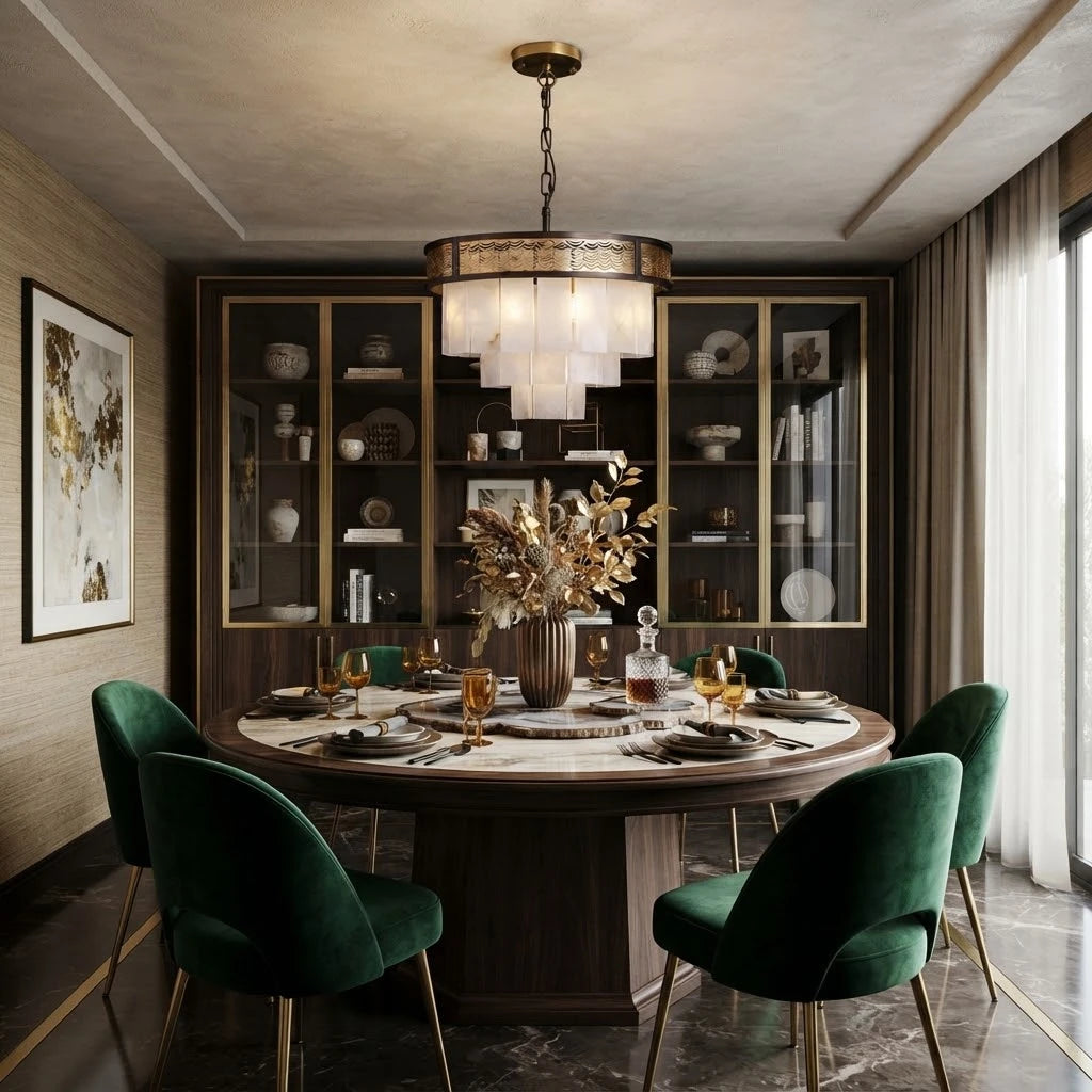 Modern Pierced Metal Band Chandelier in Designer Dining Room