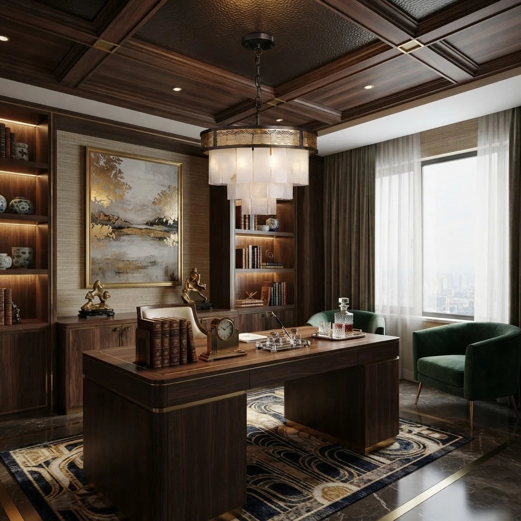 Modern Tiered Alabaster Chandelier in Executive Office Setting